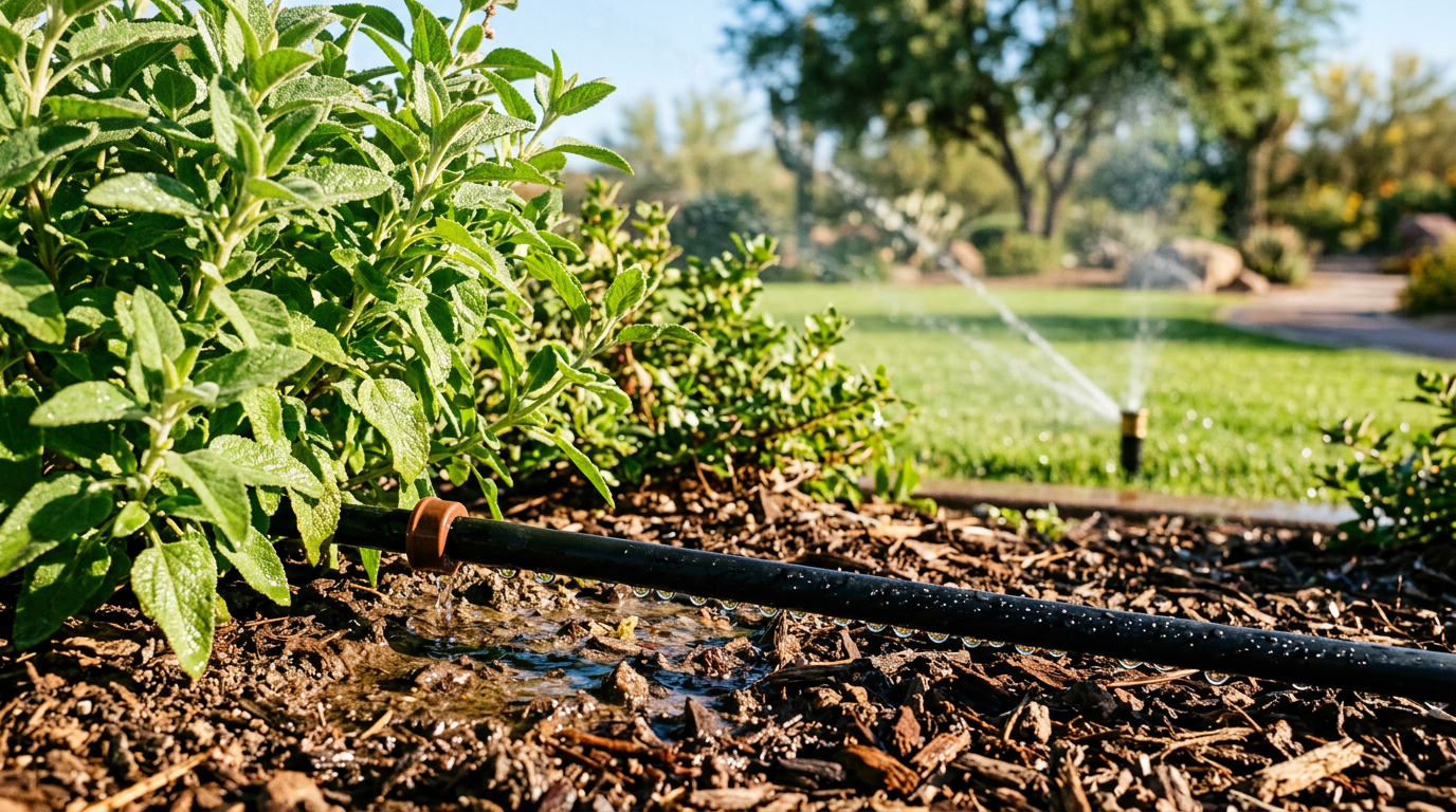 Drip irrigation tubing and sprinkler zones watering a Bahrain garden.